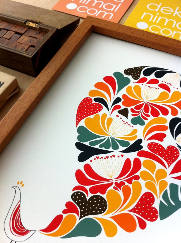 A Little Flower Peacock Print / Red & Yellow