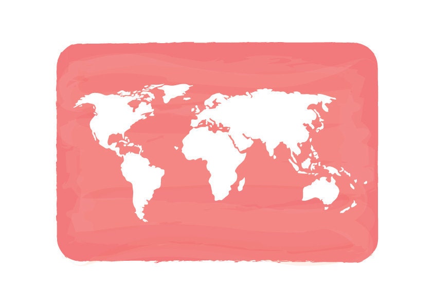 World Map - CORAL - Personalized Custom Color Watercolor Style Love Wedding Birthday Anniversary GIft Children Kids Wall poster