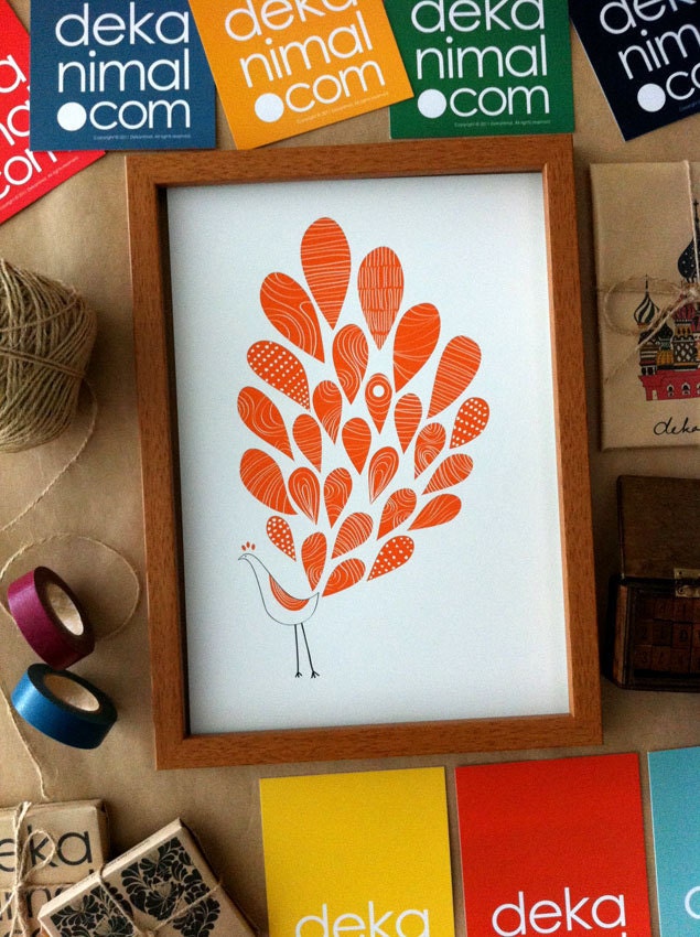 A Little Peacock Print - Orange - Animal illustration Poster Children decor Kids Room Wedding Birthday Anniversary Gifts Home decor, Feather