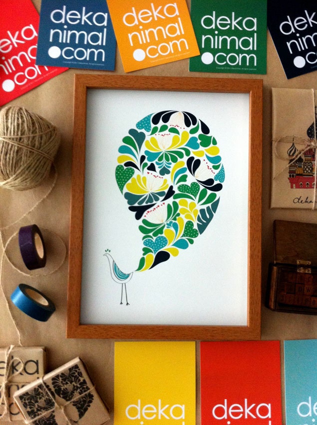 A Little flower Peacock Print Bird illustration Navy Green Flower Pattern Wedding gift Birthday Anniversary Home Wall decor kids art