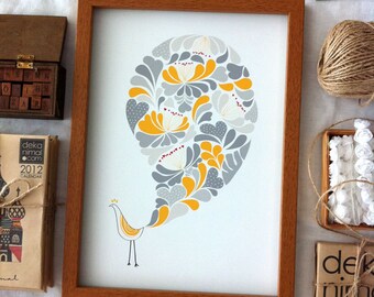 A Little flower Peacock Print Bird illustration Yellow Grey Flower Pattern Wedding gift Birthday Anniversary Home Wall decor kids art