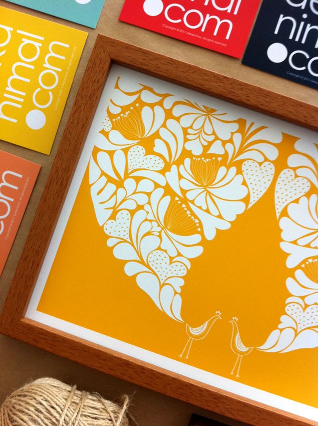 Little Flower Peacock Wedding Night Print / Yellow