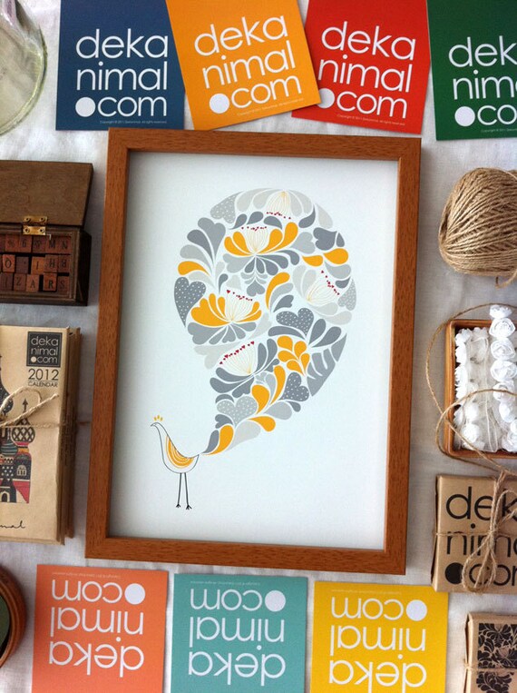 A Little flower Peacock Print Bird illustration Yellow Grey Flower Pattern Wedding gift Birthday Anniversary Home Wall decor kids art