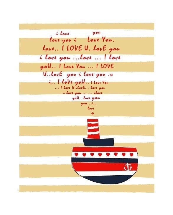 A Love Letter Print / Submarine Dark Navy Red, Illustration Art Print Animal Children decor, Kids Room, Wedding Birthday Anniversary Gifts