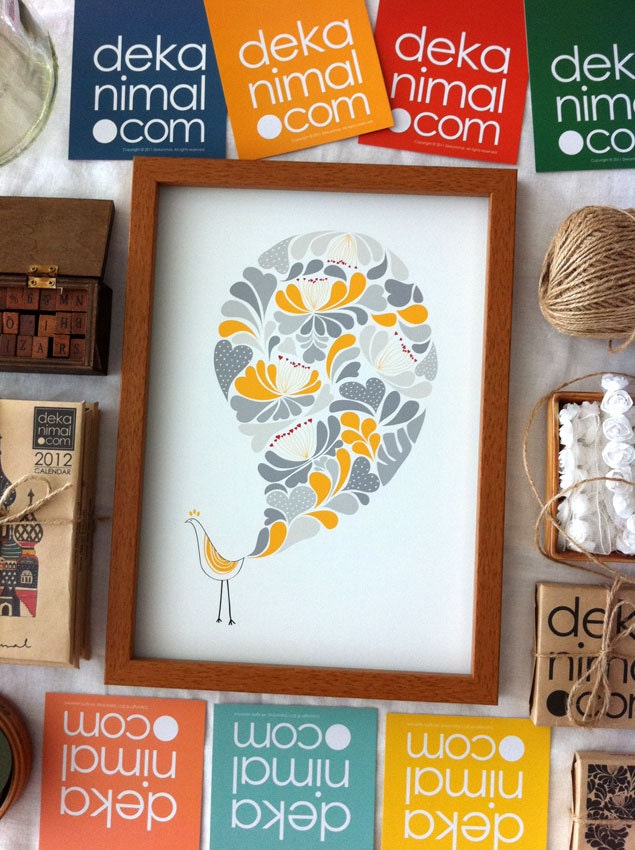 A Little flower Peacock Print Bird illustration Yellow Grey Flower Pattern Wedding gift Birthday Anniversary Home Wall decor kids art