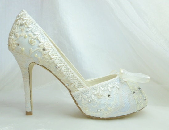 Something Blue bespoke Bridal Shoes ..lacey and sparkly with Swarovski crystals and faux pearls