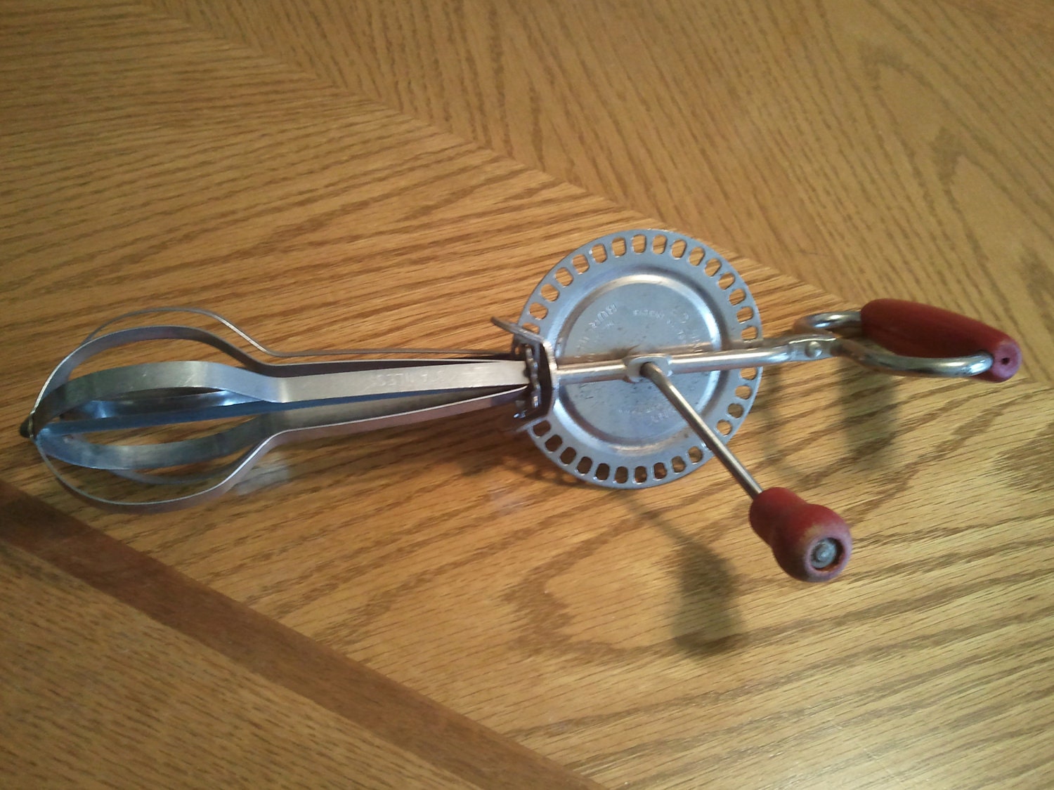 Vintage Stainless Steel Hand Mixer with Red Painted Wood Handle