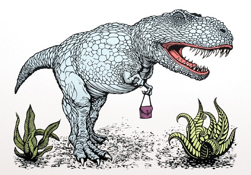 Dinosaur print - T-Rex with a handbag linocut