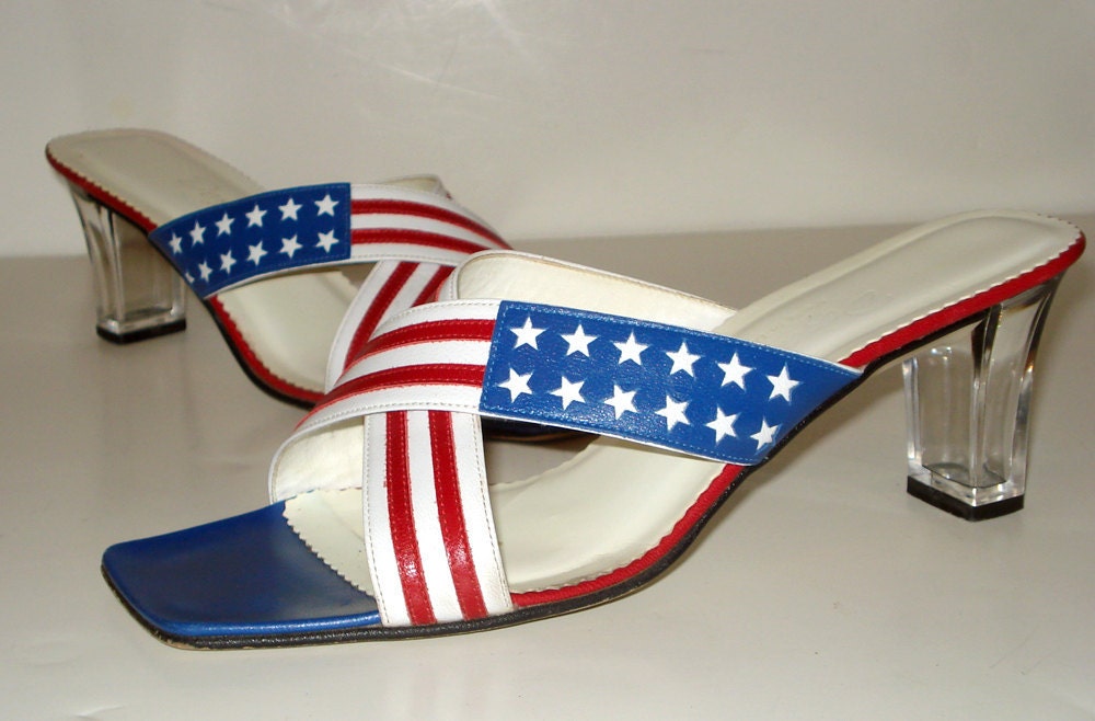 Vintage Dezario Sandals Mules - Red White and Blue - Clear Lucite Heel