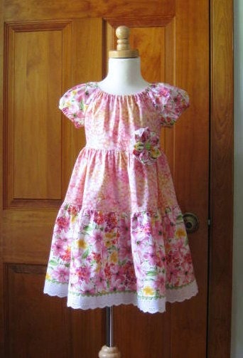 Girls tiered, twirly peasant dress pink, yellow & green floral Size 4/4T Ready to Ship