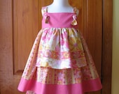 Girl/toddler apron knot dress, ruffled capris and headband Pink, yellow & orange floral Size 3/3T Ready to Ship