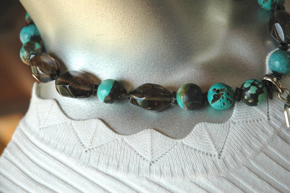 Turquoise and Smoky Quartz Asymmetrical Necklace