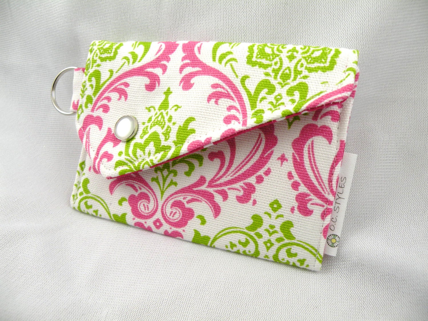 Card Holder Coin Purse Fuchsia-White-Chartreuse MADISON Damask with Snap Flap Closure and Key Ring