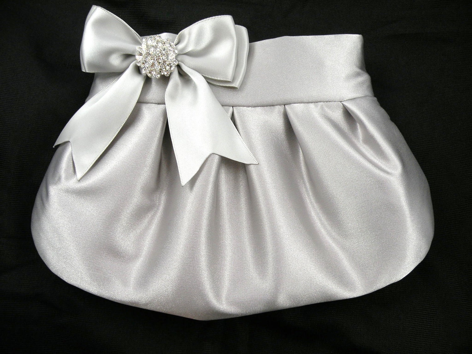 Pleated Clutch Evening Bag Purse Wedding PLATINUM Satin Platinum Satin Bow and Clear Crystal