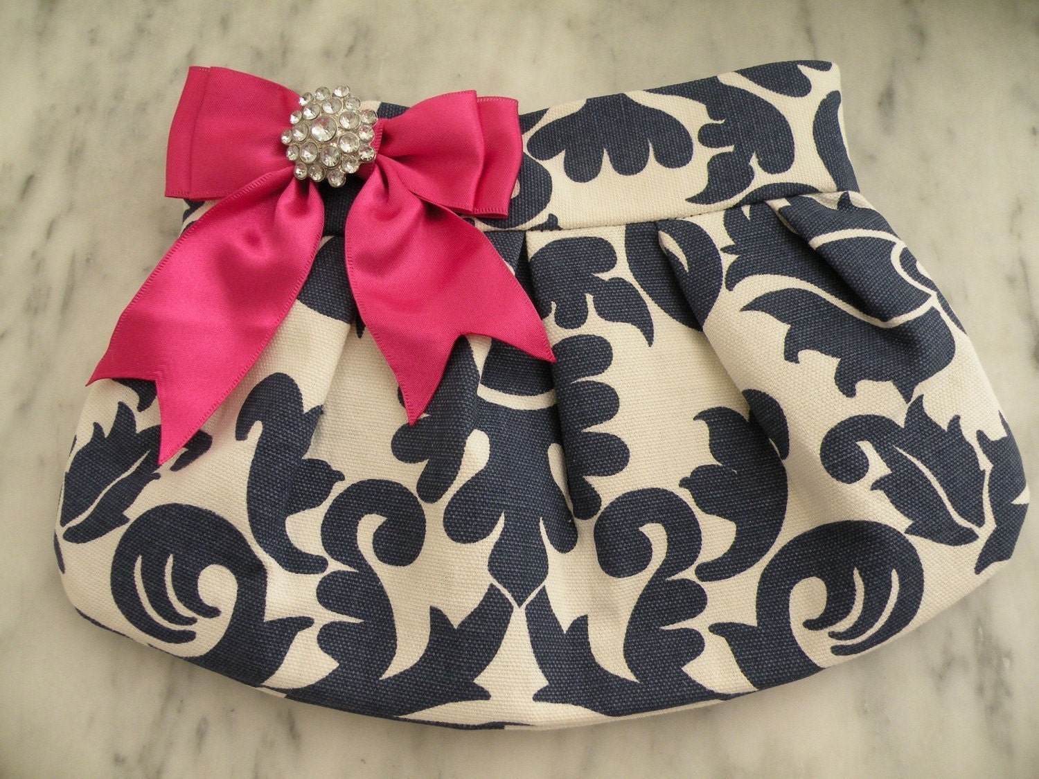 Pleated Clutch  Evening Bag  Purse  Wedding  Bridesmaid  AMSTERDAM  Navy and White with Fuschia Satin Bow and Crystal