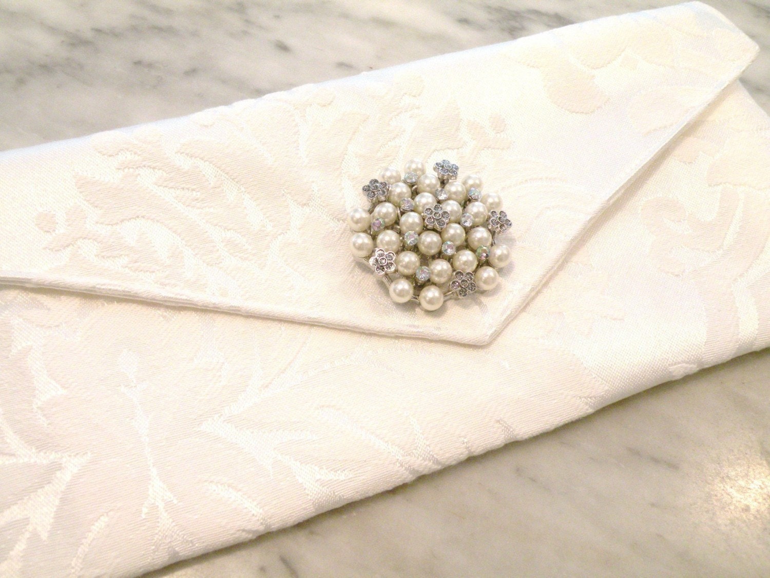 Pale Ivory Jacquard with Pearl Crystal Brooch   Envelope Clutch Evening Bag Purse Wedding  Bride  Limited Edition
