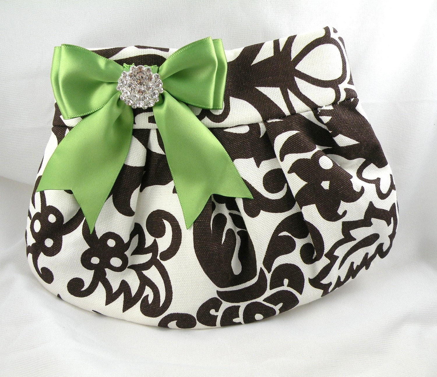 Weddings  Bridesmaid Pleated Clutch  Evening Bag  Purse  AMSTERDAM  Chocolate Brown and White with Apple-Kiwi  Satin Bow and Clear Crystal