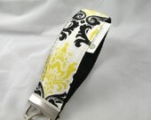 Key Fob Key Chain  Wristlet with Swivel Hook Black White  and Yellow MADISON Damask