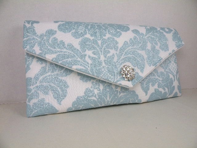 Envelope Clutch Weddings Bride Bridesmaid Delovely Damask White & Blue Metallic Shimmer with Clear Crystal--LIMITED EDITION