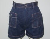1960s jean shorts / vintage 60s shorts / denim / medium m / Red and White Contrast Stitched Denim Shorts