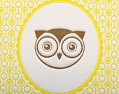 Letterpress Print Owl Portrait 5 by 7 Inch Brown/Yellow