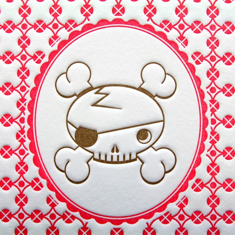 Print Letterpress Skull Portrait 5 by 7 Inch Magenta Brown