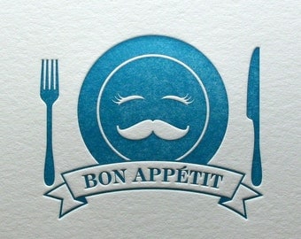 Letterpress Bon Appetit Note Card in Blue
