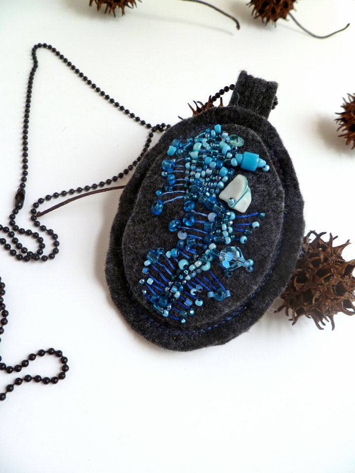 Something blue II, unique wearable fiber art necklace