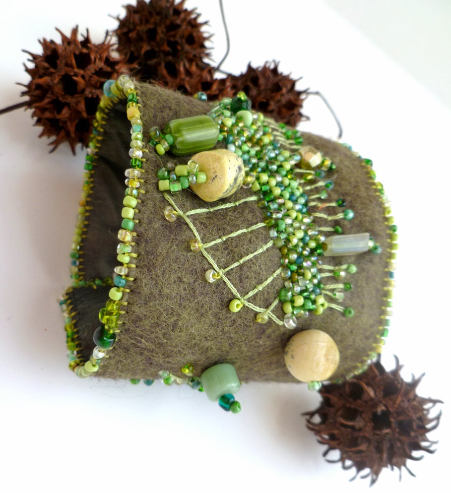 Fragments in green II, unique wearable fiber art cuff