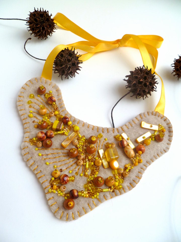 Fall fantasy, wearable art necklace, fiber art