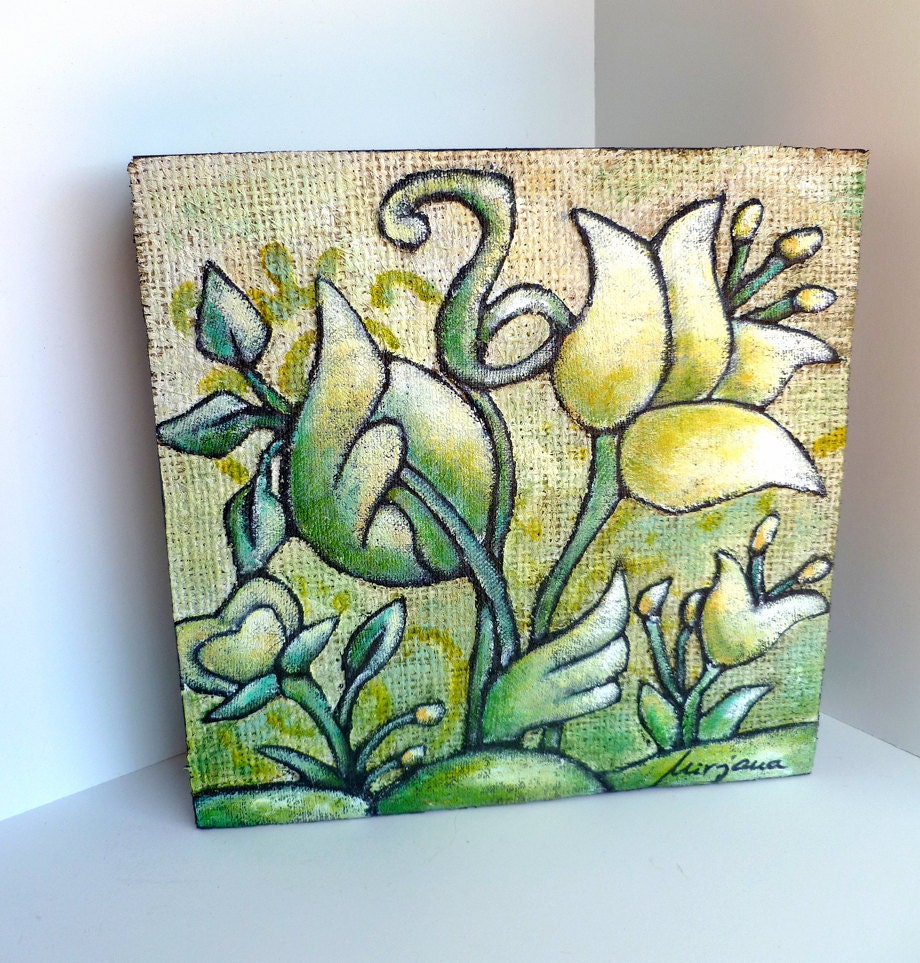 SALE Flower fantasy VII, unique mixed  media original art on cradled wood panel