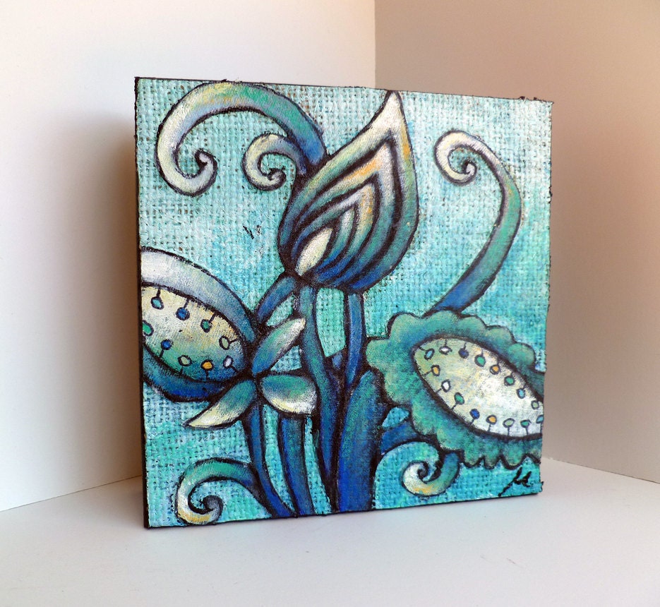 SALE Flower fantasy V, unique mixed media original art in blue tones, cradled wood panel