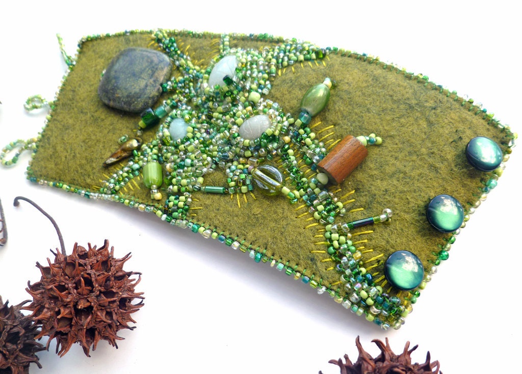 Fragments in green V, unique fiber art cuff in green tones