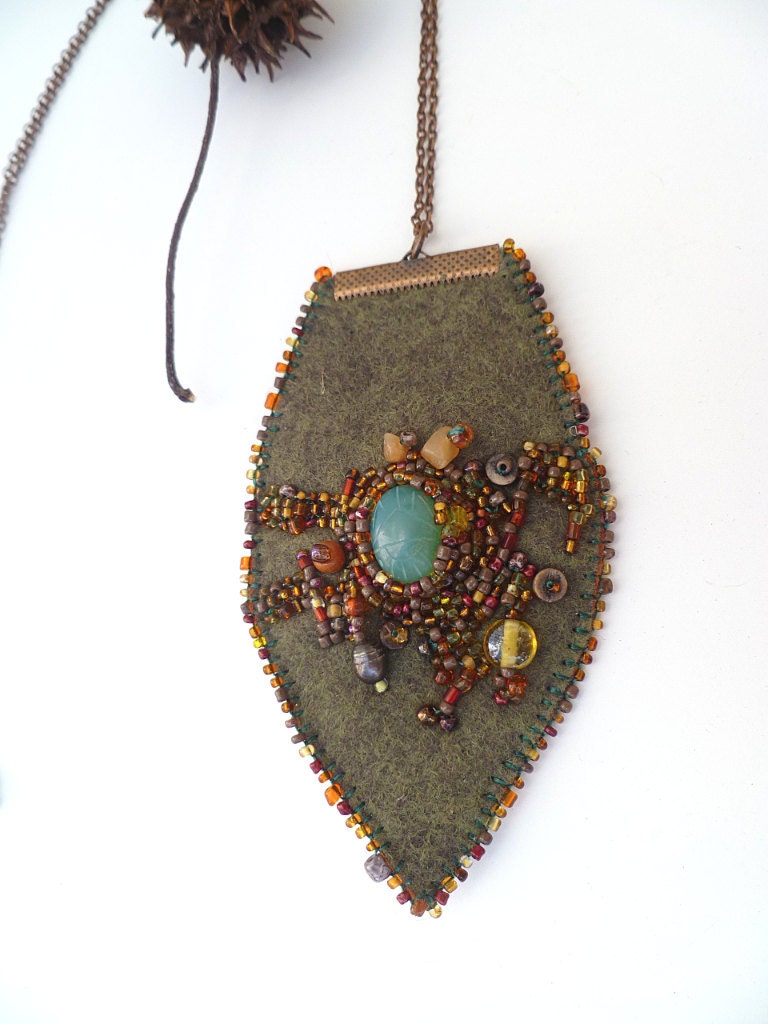 Leaf II, unique fiber art necklace in green tones, bead embroidery on felt
