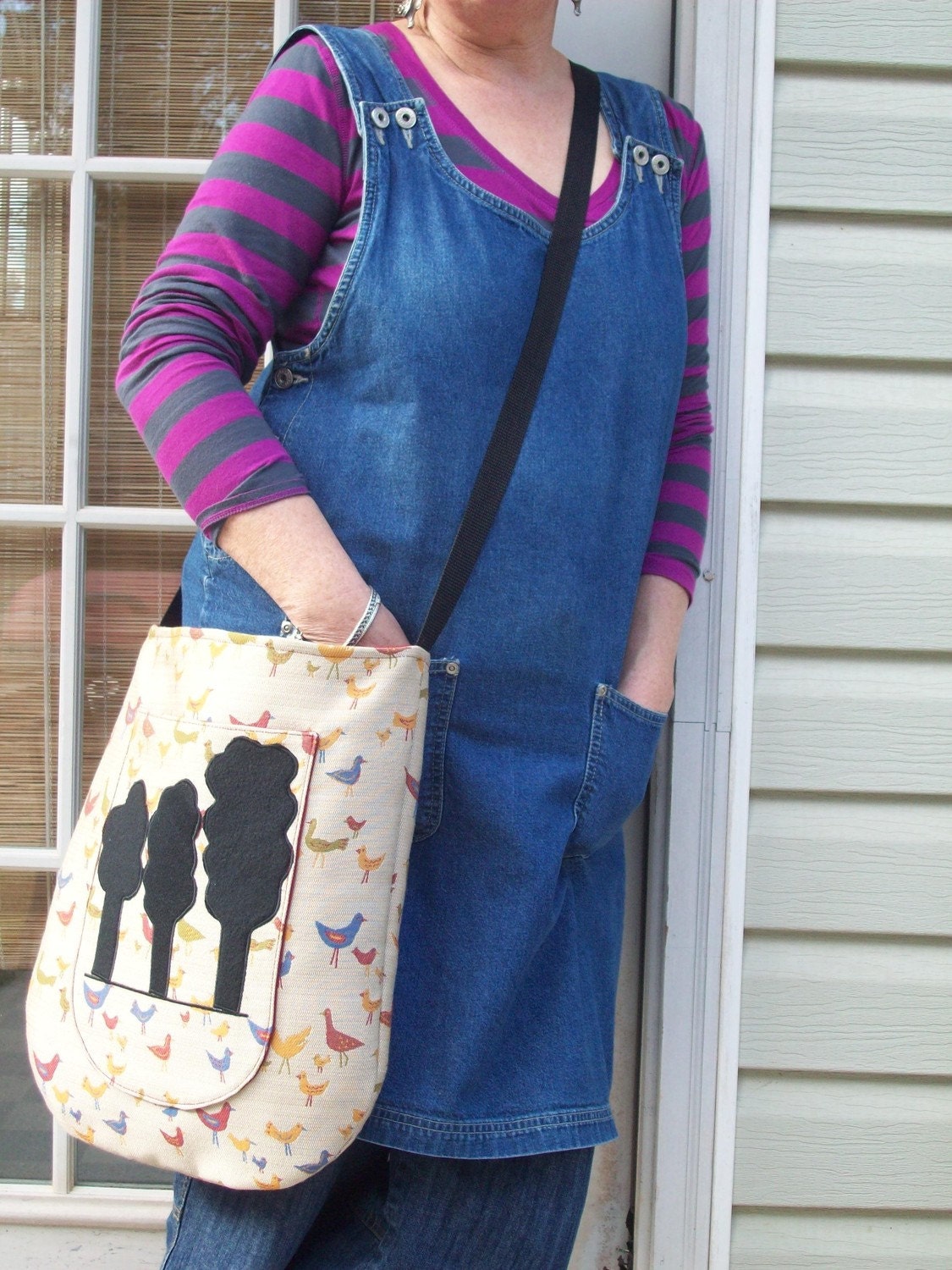 Over the shoulder Tote  Flat bag birds fabric  Fleece Trees appliqued FREE shipping world wide