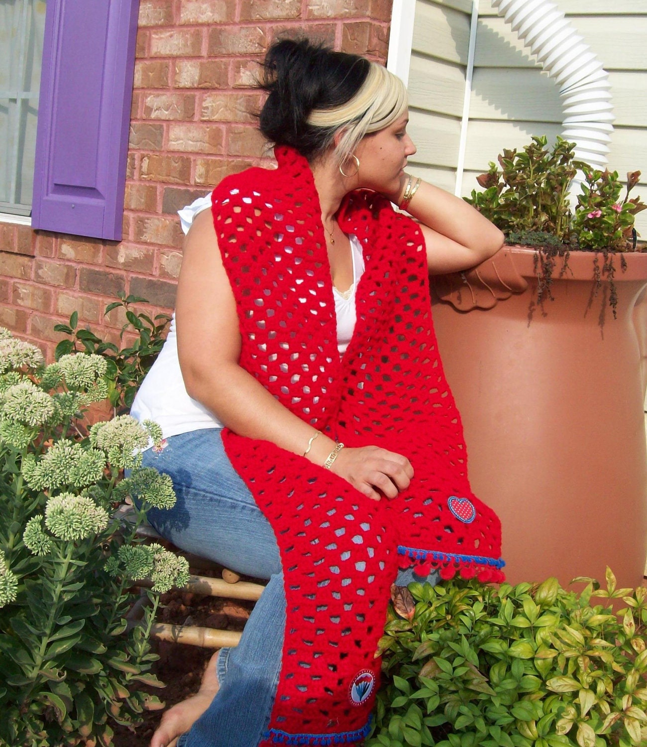 SCARF Red crocheted pom poms Dutch appliques Extra long