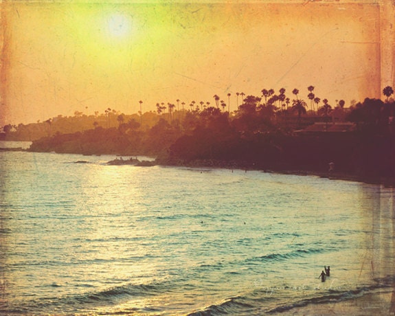 Laguna Beach photograph "sunset". California Orange County, yellow blue romantic summer vacation, surfers palm trees fine art print 5x7 - MyanSoffia