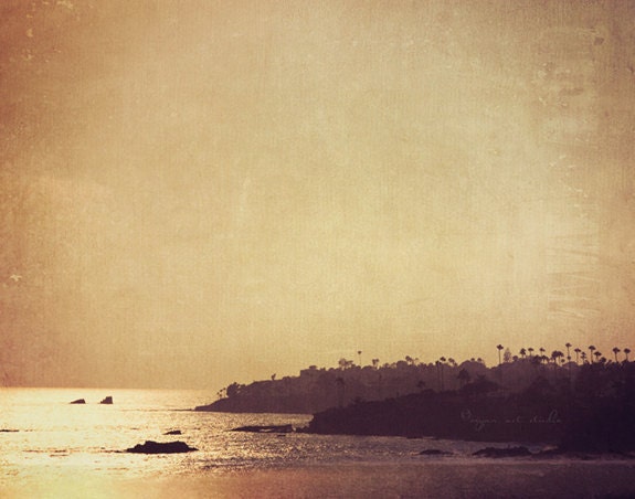 Laguna Beach photography, California seaside, photograph, palm trees ocean, purple plum earth tones sunset  dreamy fine art print 5x7