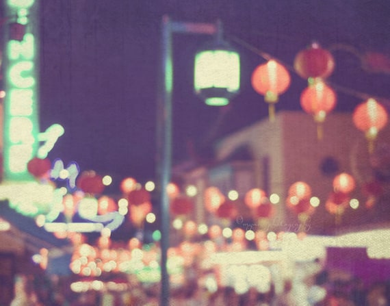 Los Angeles photography Chinatown LA, red paper lanterns photo, chinese lanterns asian decor night travel, Lunar New year, Midnight blue