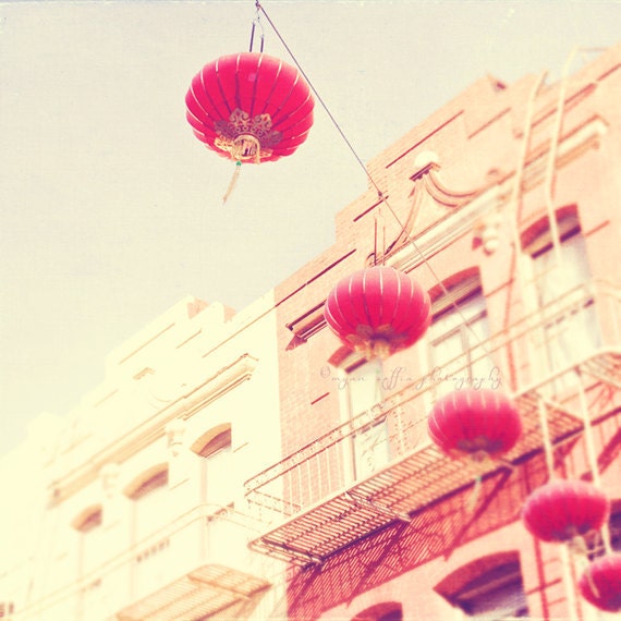 photography, San Francisco Chinatown photograph, red paper lanterns, chinese asian decor, cherry tangerine orange California Lunar New Year