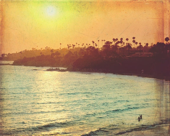 photography, Laguna Beach photograph, sunset, California Orange County, yellow blue romantic summer vacation, surfers palm trees 5x7