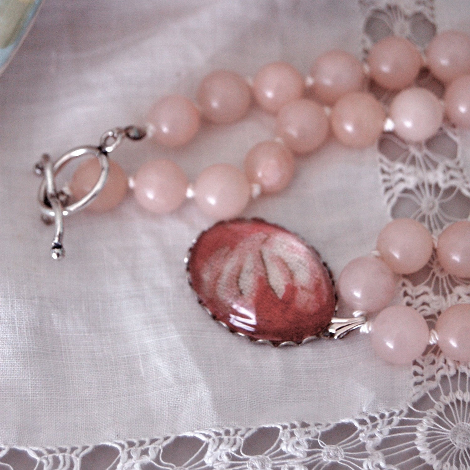 Vintage Linen Necklace -- Pink Aventurine