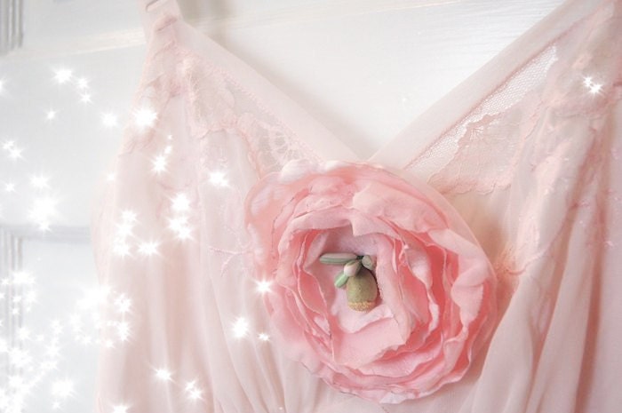 Lingerie: Vintage Chemise with Large Rose Brooch in Pale Pink - Mireio