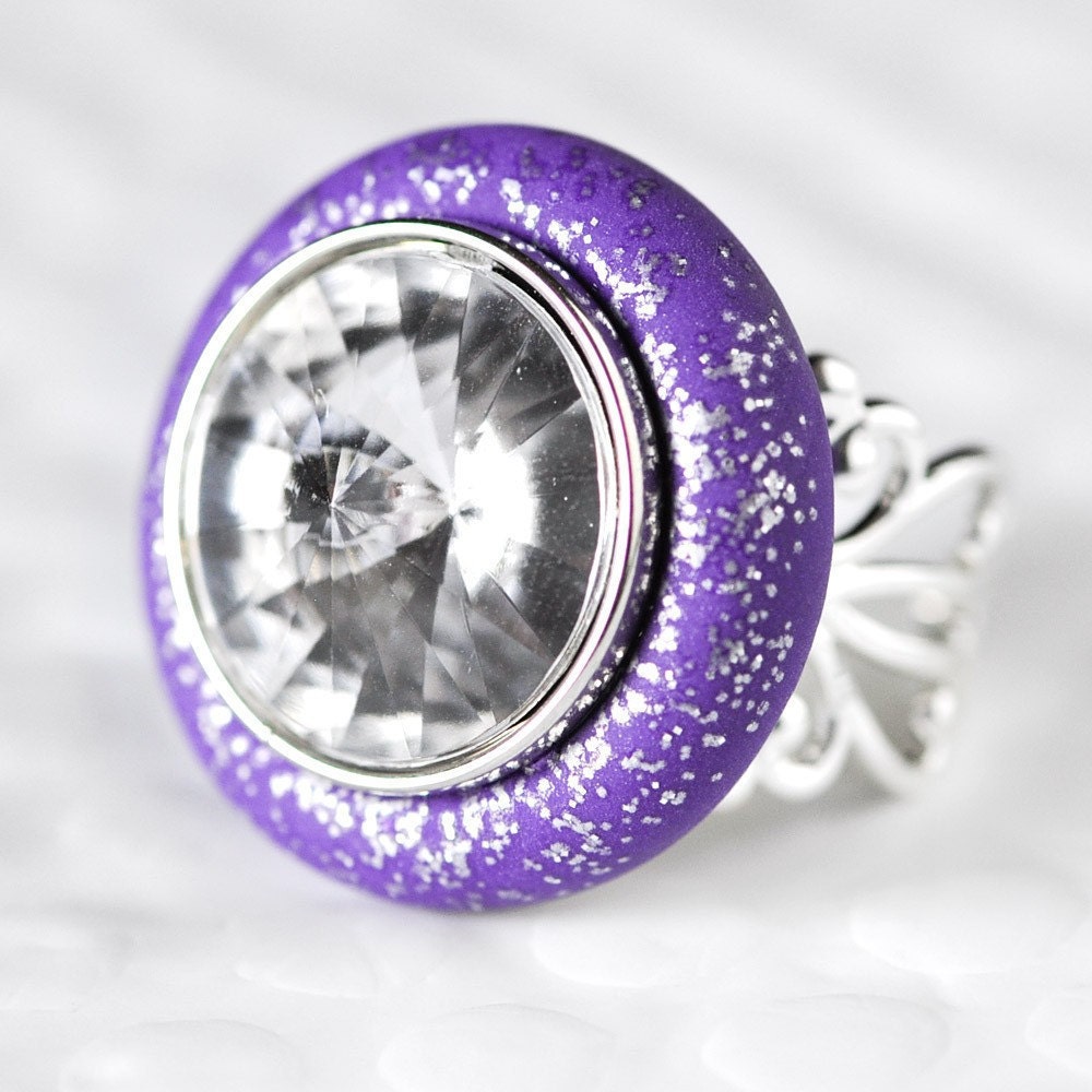Spring Cocktail Ring Purple Statement Piece Fashion Jewelry in Silver Speckled Grape Polymer Clay. Custom Colors Available