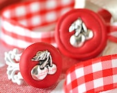 Cherry Pie Picnic Bracelet and Ring Summer Gingham Jewelry Gift Set for Girls in Ruby Red Glitter Polymer Clay and Red White Ribbon