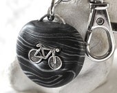 Bicycle Key Chain Unisex Summer Accessory for Men or Women with Swivel Hook in Black and Silver Polymer Clay -Made to order