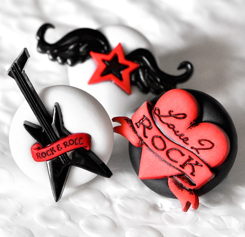 Rock and Roll Music Magnets in Red with Black and White Polymer Clay Unisex for Men or Women School, Home, or Office