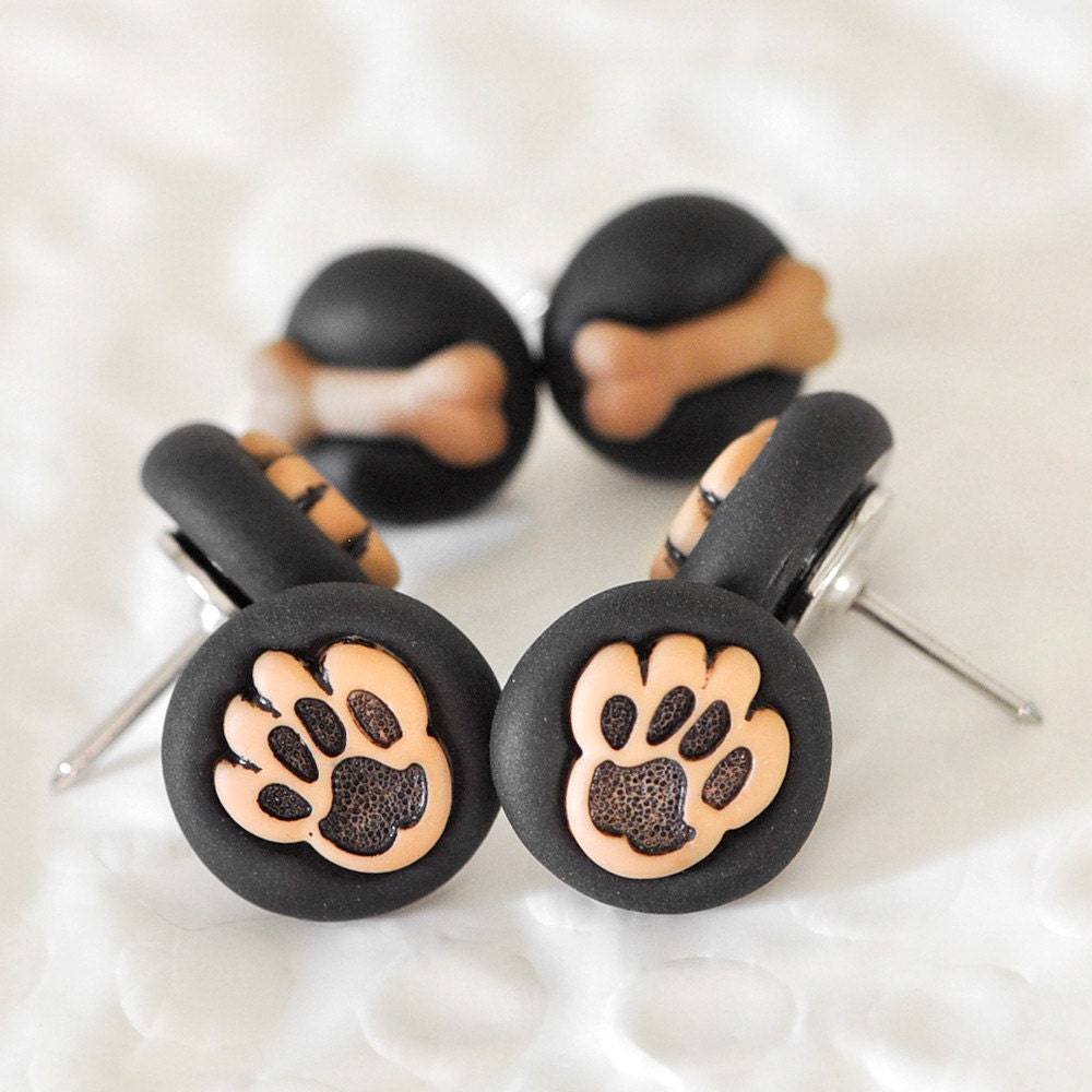 Puppy Paws Pushpins with Mini Dog Bones in Black Polymer Clay Animal Lover Gift Set for Back to School