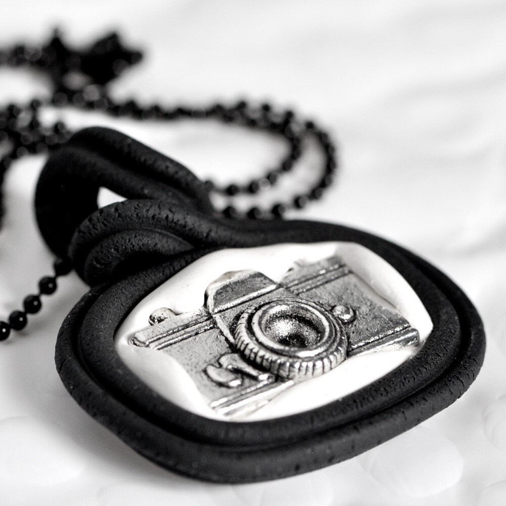 Camera Necklace on Camera Necklace In Black And White Polymer Clay By Creashines