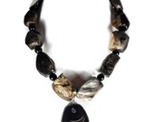 Necklace, Gemstone, Chunky Statement, Big Bead JewelryChunky Petrified Wood Necklace with Druzy Agate Pendant
